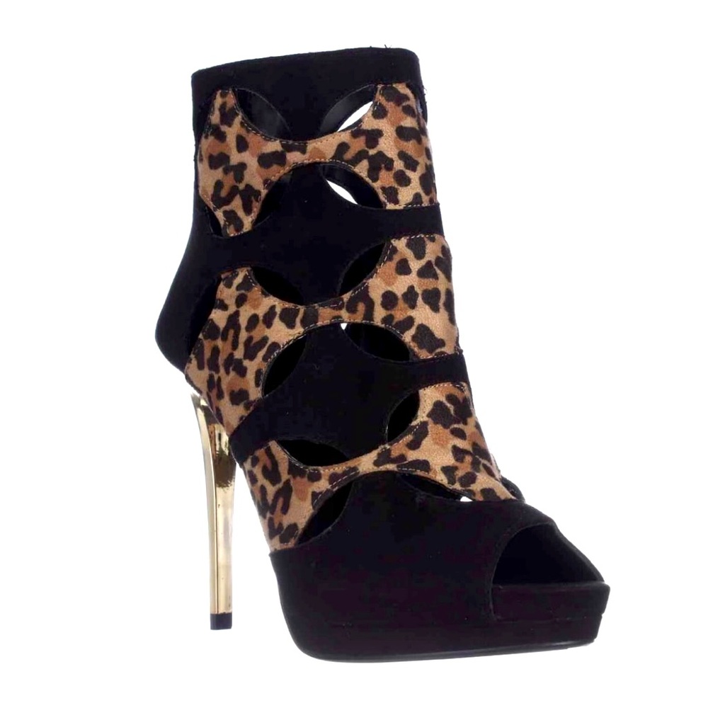 Thalia Sodi Zabila Cut-Out Peep-Toe Ankle Booties - Black Leopard Platform Heels